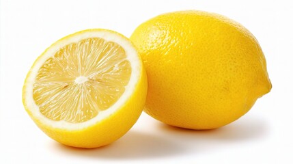 Fresh Whole Lemon and Half Lemon on White Background