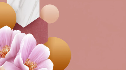 Soft beige background with geometric circles, marble and hexagon shapes, and delicate pink flowers create modern, elegant, and tranquil composition for design projects