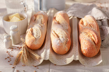 Homemade and tasty baguettes baked with yeast and flour.