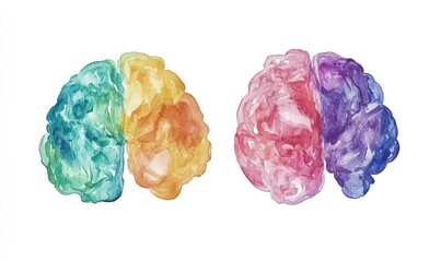 Fototapeta premium Colorful human brain halves, showcasing a spectrum of vibrant hues. Each hemisphere, painted with a gradient of colors, symbolizes the diverse functions and potential of the mind