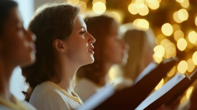 A group of people singing together in front of a beautifully decorated Christmas tree