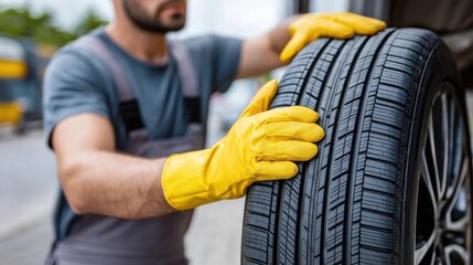Mechanic wearing yellow gloves holds a new car tire, ready for installation, close-up of tire tread and mechanic's hands.