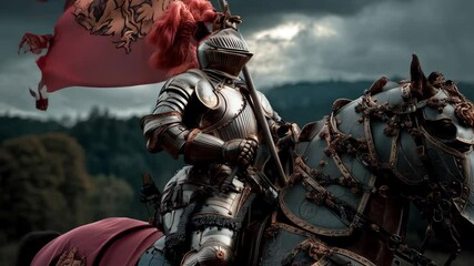 Armored medieval knight on horseback carrying a standard on a battlefield in a vintage historical setting - Powered by Adobe
