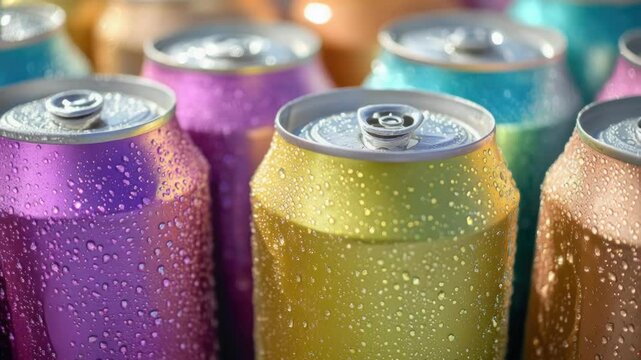 A close-up shot of multiple cans of soda stacked together