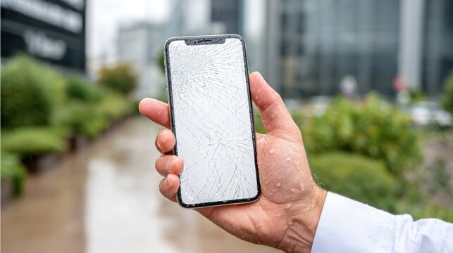 Hand holding a smartphone with a cracked screen in the rain, smartphone screen is shattered and wet from raindrops. - Powered by Adobe