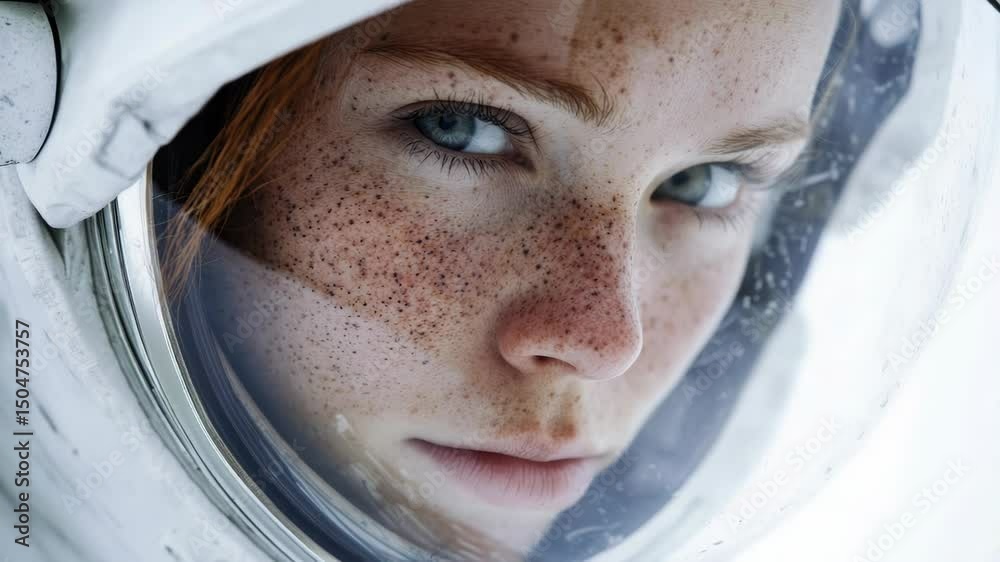 Poster a close-up view of a person wearing a space suit, suitable for sci-fi and futuristic concepts