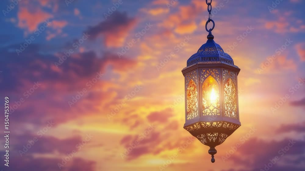 Poster a lantern hangs from a chain against a warm sunset backdrop