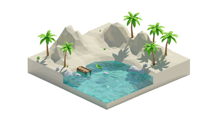 Isometric Low-Poly Floating Island Featuring Palm Trees Mountains And Lagoon With Minimal Shadows For Indie Game Art And E-Book Covers