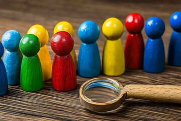 Colorful Wooden Pegs Under Magnifying Glass: Diversity and Selection Concept