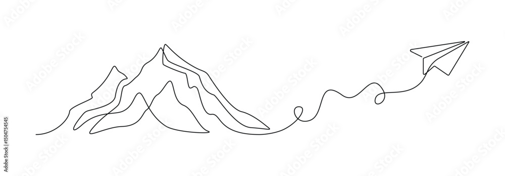 Aufkleber paper plane and mountain in one continuous line drawing. minimalisic concept of world travel and int