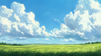 Obraz premium 油絵風の広がる草原と空の風景