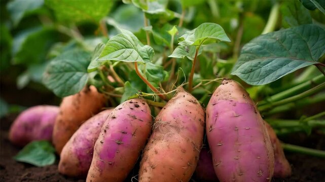 Newly harvested sweet potatoes resting in the garden soil beside green leaves and stems in an outdoor setting