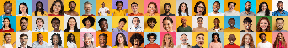 Poster a vibrant collection of joyful expressions showcasing individuals from different backgrounds. each p