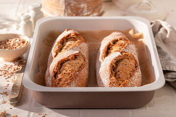 Homemade and tasty baguettes baked at home.