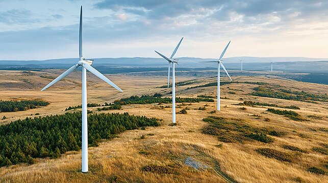 Wind turbines stand tall on a golden, rolling landscape.