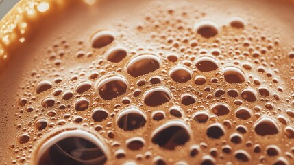 Obraz premium Close-up of bubbles in a beverage with a creamy foam texture.