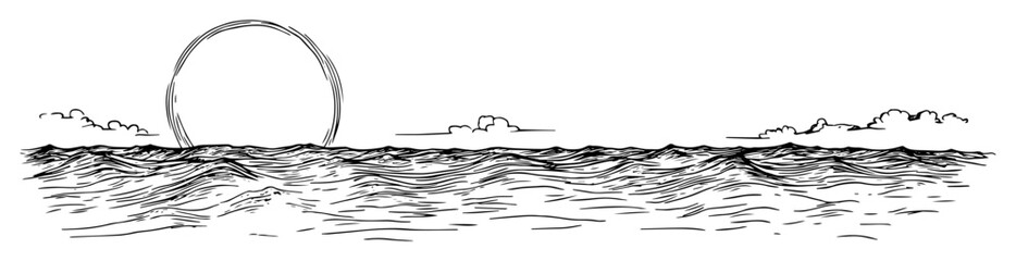 sunset over sea horizon in outline sketch engraving style