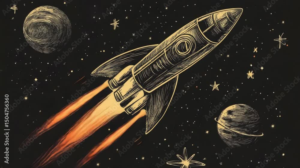 Poster a rocket soars through the vastness of space, with stars and planets in the background