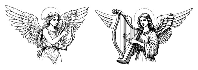christmas angels playing instruments line art illustration