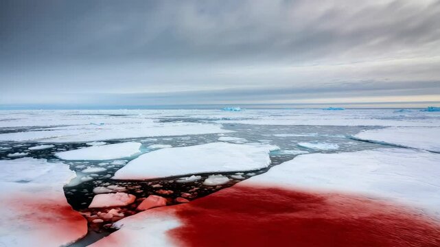 Red algae bloom on icy landscape under cloudy sky