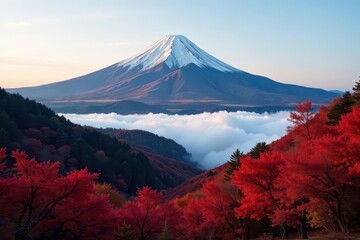 Fototapeta premium Majestic Fuji rises above Kawaguchiko's fog-shrouded, fiery autumn foliage , japanese autumn, red leaves