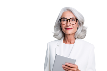 Elegant senior woman with gray hair and glasses holding a tablet against transparent background a confident older female in white business suit is smiling beautifully