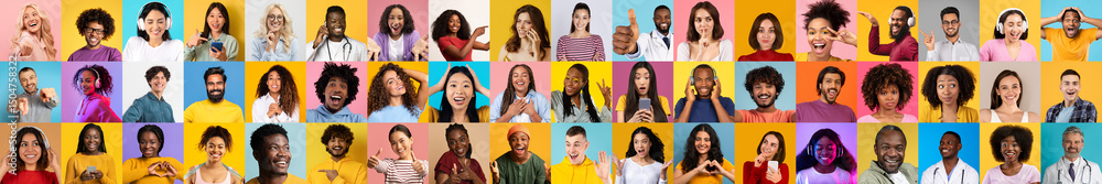 Poster a vibrant collage features a diverse group of multiethnic people with joyful expressions against col