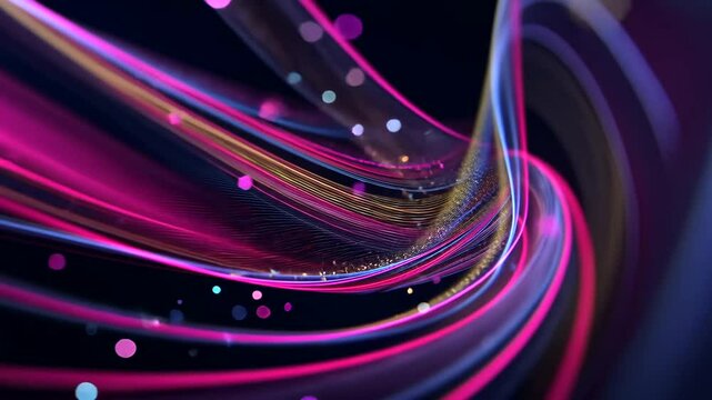 Abstract artwork featuring flowing, neon-colored strands and dots of light against a dark background with subtle linear texture