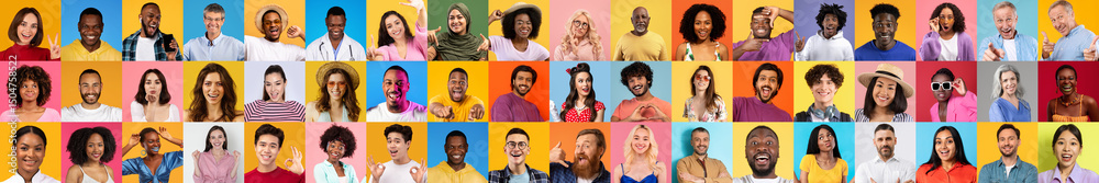 Poster a vibrant collage of smiling individuals from various backgrounds against colorful backdrops. each p