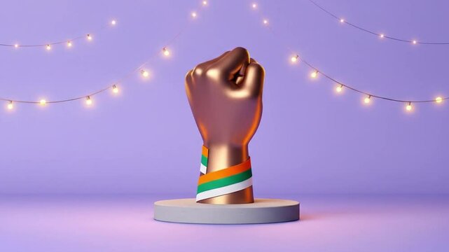 Independence Day India celebration concept with a golden fist holding an Indian flag, ideal for patriotic designs and national holidays.
