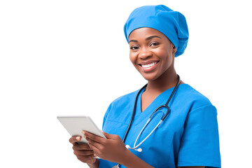 Cheerful African American female doctor is seen holding a digital tablet while wearing medical scrubs and a stethoscope on a plain background which projects health and wellness