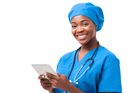 Cheerful African American female doctor is seen holding a digital tablet while wearing medical scrubs and a stethoscope on a plain background which projects health and wellness