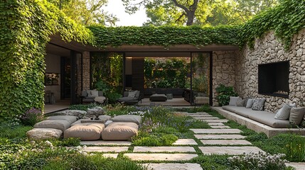 Fototapeta premium Tranquil courtyard garden with stone walls, lush greenery, and comfortable seating.