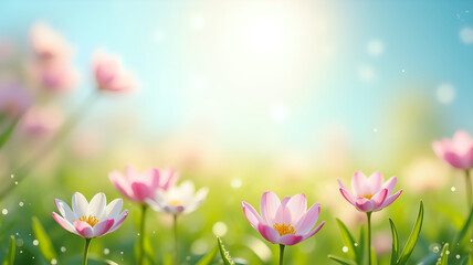 Obraz premium Spring Landscape with Blooming Flowers and Clear Blue Sky.