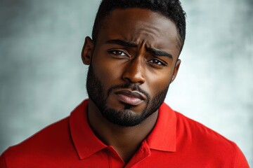 portrait of a serious young man with short curly hair and beard wearing a red polo shirt against a neutral background