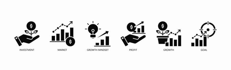 Success Icon Set Isolated Vector With Icon Of Investment, Market, Growth Mindset, Profit, Growth, Goal In Glyph Style