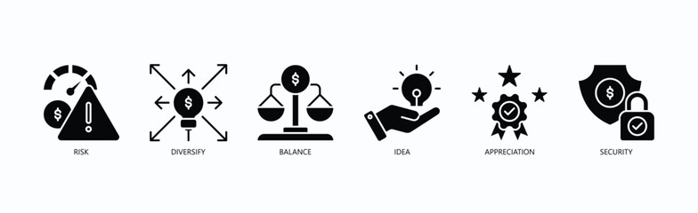 Stability Icon Set Isolated Vector With Icon Of Risk, Diversify, Balance, Idea, Appreciation, Security In Glyph Style