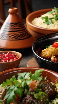 Moroccan dishes of lamb tagine with couscous, pomegranate seeds, and parsley in ceramic bowls