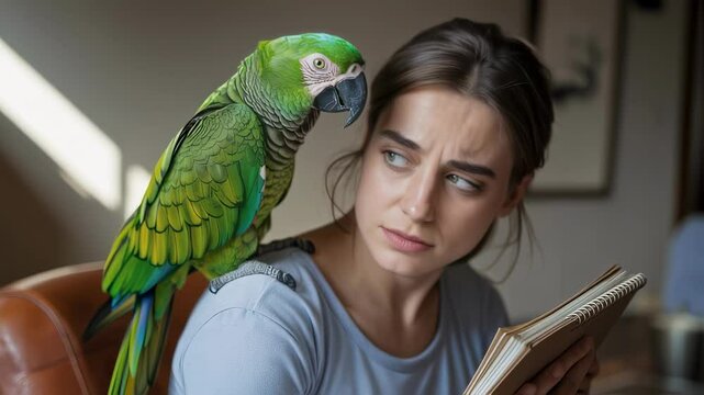 Green chestnut fronted macaw perching confidently on woman's shoulder, intently watching her reading while displaying thoughtful, curious expression during quiet indoor moment of companionship