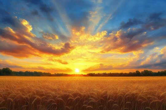 Golden wheat field under a dramatic sunset sky with rays of light breaking through vibrant clouds above a distant treeline
