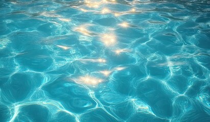 Sunlight reflecting on clear rippling water surface creating sparkling light effects and blue textured patterns
