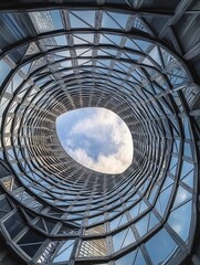 Looking up through a spiraling modern glass and steel atrium revealing a bright sky with clouds, evoking a sense of openness and architectural innovation