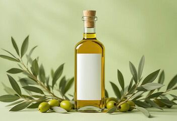 Quality extra virgin olive oil bottle surrounded by fresh olives and olive branches on a light green background