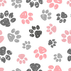 Paws print seamless pattern. Vector background with black and pink cats paws