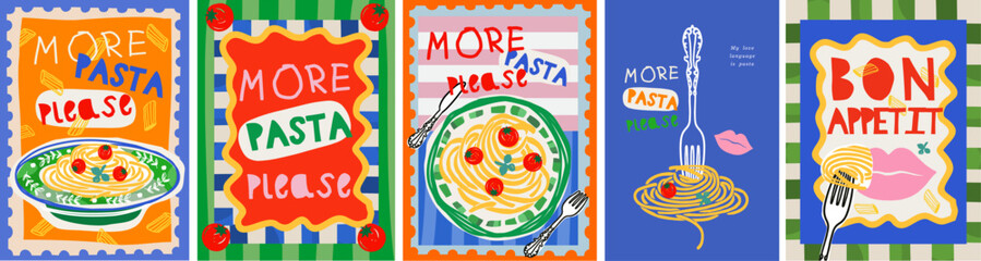 Italian pasta. Vector fun modern food art illustration of pasta, plate of spaghetti, tomato, typography, fork for kitchen or cafe wall poster, background, decor. More pasta please. Bon appetit