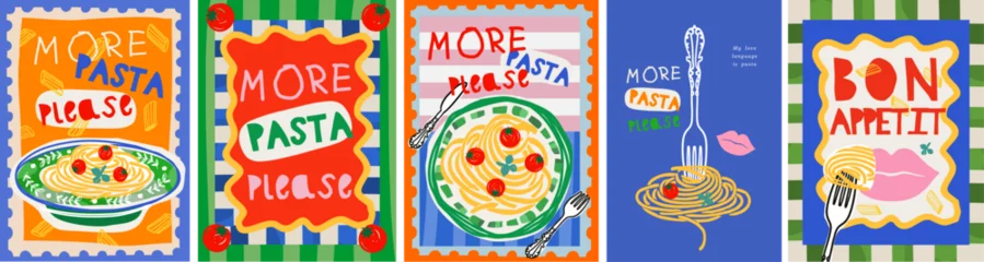 Fototapeten Italian pasta. Vector fun modern food art illustration of pasta, plate of spaghetti, tomato, typography, fork for kitchen or cafe wall poster, background, decor. More pasta please. Bon appetit © Ardea-studio