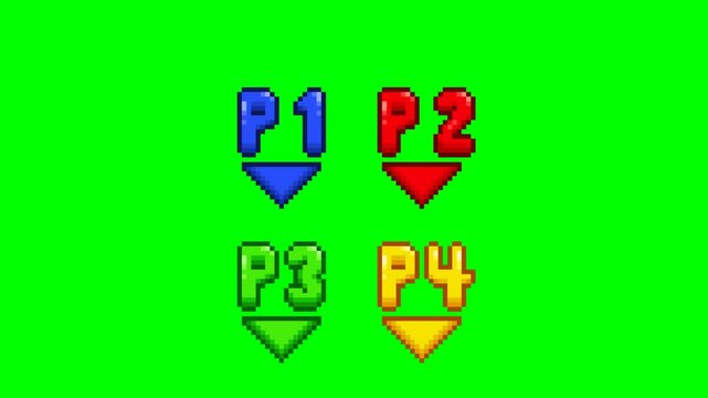 Player 1, player 2, player 3 and player 4, pixel art gamer animation 