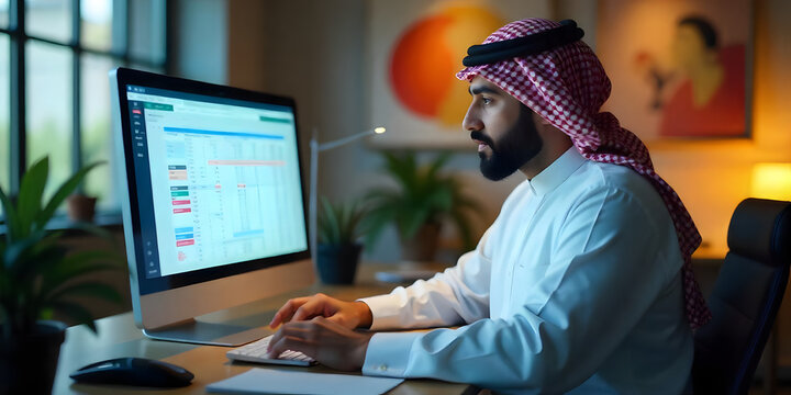 An Arab businessman from the Middle East wearing traditional Gulf clothing uses a computer or laptop in a modern office.