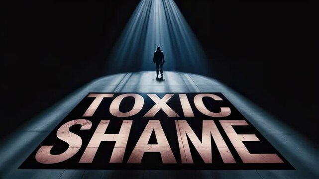 Businessman standing under dramatic spotlight, confronting deep rooted toxic shame while representing psychological struggle with negative internal emotional landscape