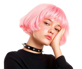 Naklejka premium Young girl with pink hair and studded collar rests her head on her hand looking pensive she has glitter makeup and is wearing a black sweater against a transparent background